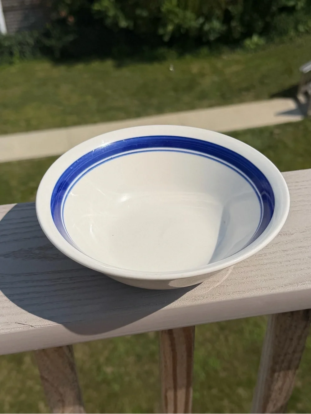 Vintage Prinetti Glossy Stoneware Cereal Bowl, Blue Band Rings, 7”